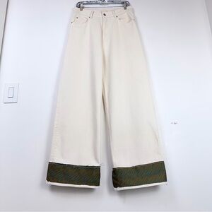 High-Rise Cream Wide-Leg Jeans with Contrasting Printed Cuff